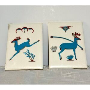 Native American Style Deer Ceramic Tiles Set of 2 Mid Century Retro Decor